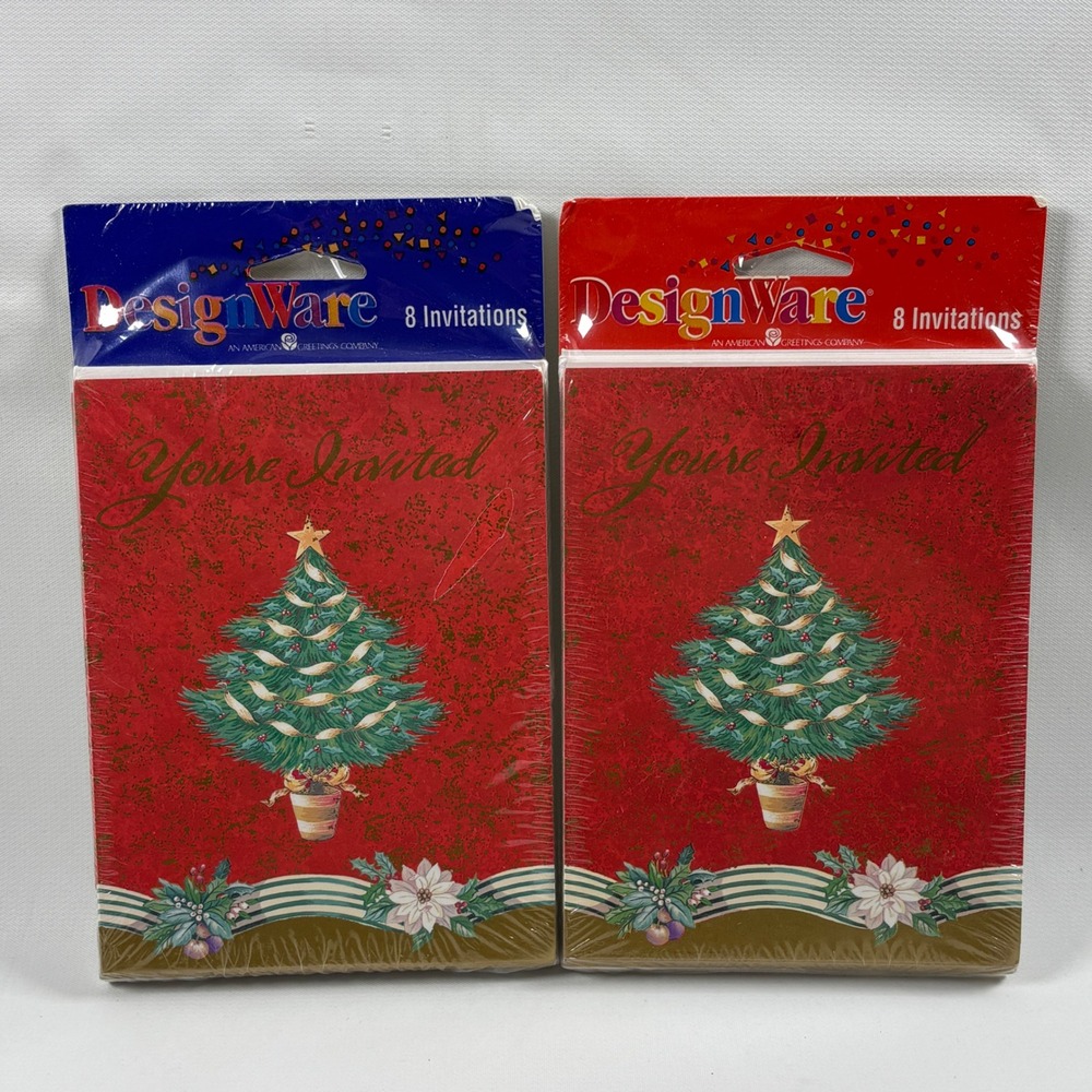 DesignWare Christmas Party Invitations 16ct Red Tree Poinsettia Vintage